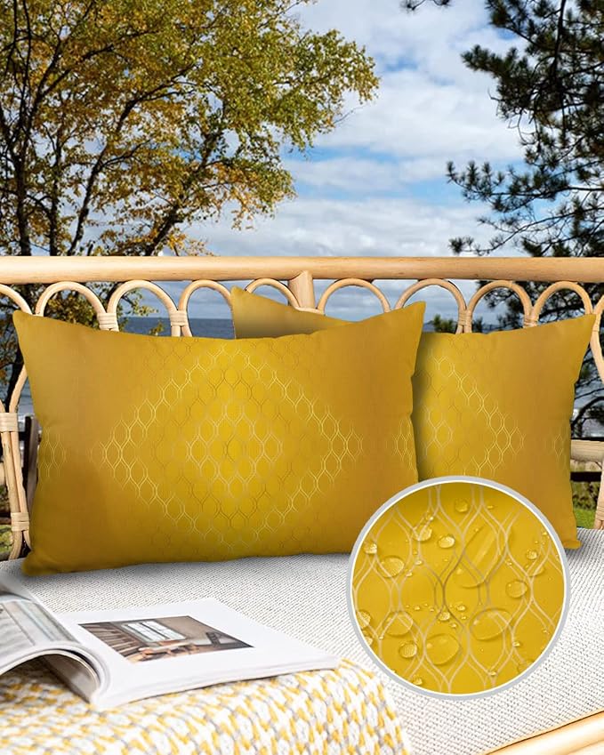 Prime Leader Outdoor Waterproof Pillow Covers Set of 2, Retro Gold Gradient Geometric Abstract Art Patio Throw Pillow Covers, Decorative Cushion Case for Couch Sofa Furniture Garden, 20x12 Inch