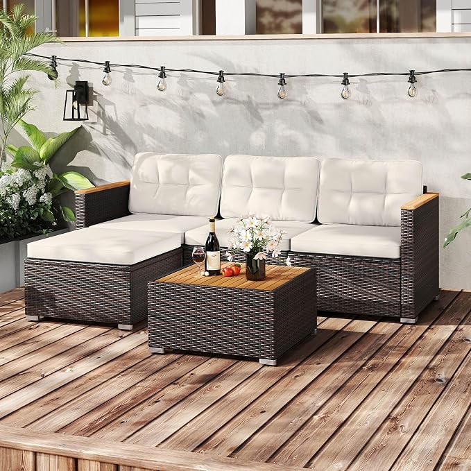 Tangkula 5 Pieces Outdoor Patio Furniture Set, L Shaped Rattan Cushioned Chairs & Coffee Table Set, Outdoor Sectional Conversation Sofa with Wood Armrests & Tabletop for Backyard, Porch, Balcony