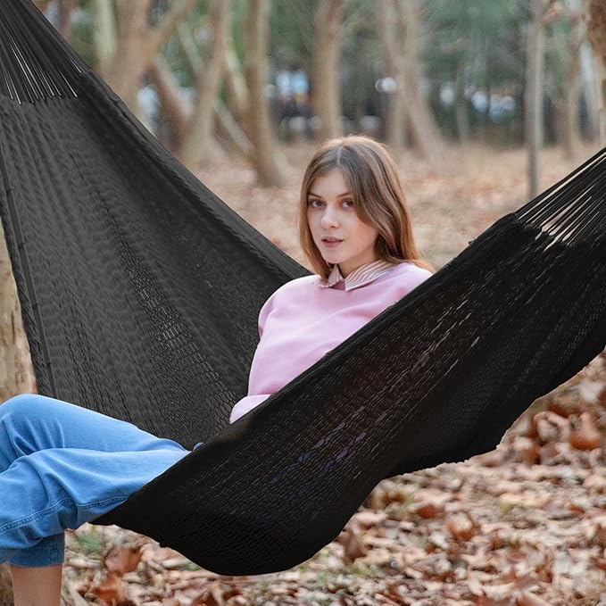 PNAEUT Handwoven Mayan Hammock, Thick Soft Rope Double Hammock for Outdoor Outside & Indoor, 600 lbs Capacity Heavy-Duty, Includes Tree Straps, Carabiners & Carrying Bag (Sombra Negra, X-Large)