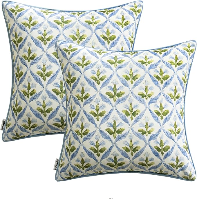 MIULEE Outdoor Floral Pillow Covers Waterproof 18x18 Blue-Green | Decorative Block Print,Boho Farmhouse, Set of 2 Coastal Summer Cushion Covers with Piping,Garden Patio Furniture Porch Couch