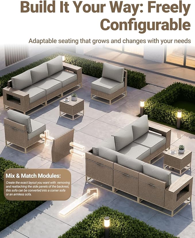 Outdoor Patio Furniture Set 12-Piece PE Rattan Wicker Outdoor Sectional Sofa with Thickened Cushions and Chunky Arms, Modern Modular L-Shaped Conversation Set for Garden, Backyard, Greige