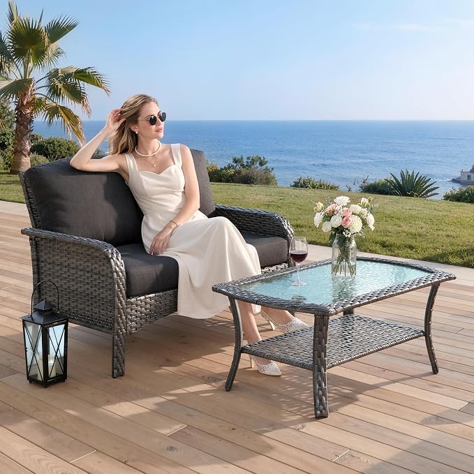 2-Piece Patio Furniture Set, Outdoor Wicker Furniture with Coffee Table, All Weather High Back Loveseat Patio Chairs, Modern Rattan Outdoor Chairs Conversation Set for Porch, Balcony, Garden,Black