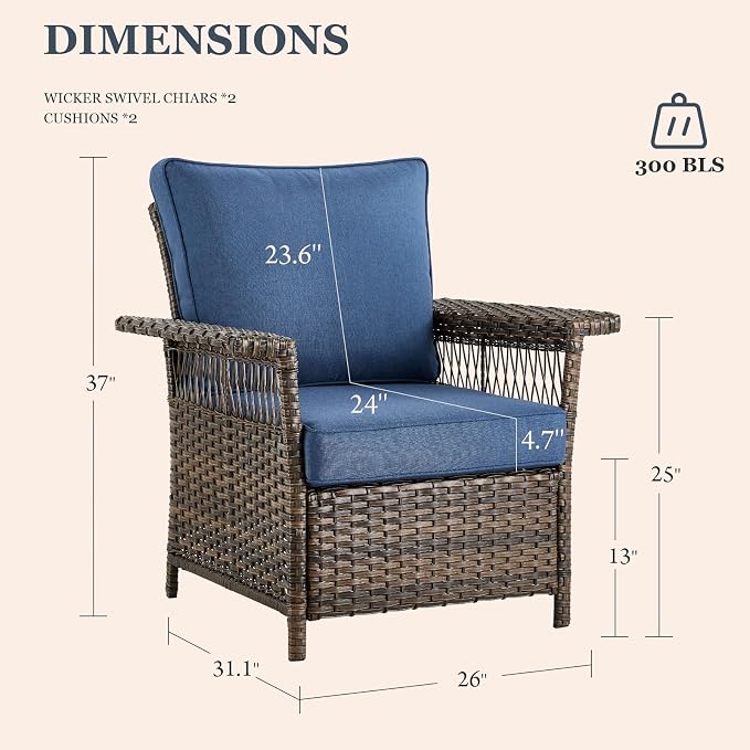 Patio Furniture Set 2 Wicker Patio Chairs 1 Sofa with PE Rattan Coffee Table Brown Wicker Blue Cushions Patio Conversation Set 4pcs for Garden Balcony Sunroom Backyard