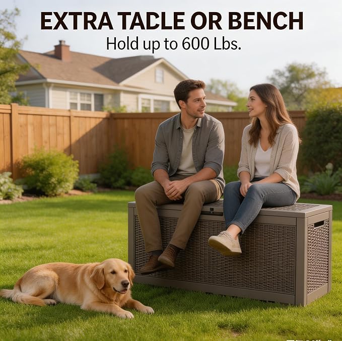LAUSAINT HOME 320 Gallon Resin Deck Box, Package Delivery Box with Lockable Lid, Waterproof Outdoor Storage Box For Garden Tools, Patio Cushions(320 Gallon,Grayish-tan)