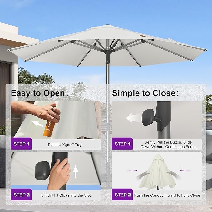 PURPLE LEAF 10FT Commercial Round Patio Umbrella Semi Auto Heavy Duty 1.9 Inch Aluminum Pole Wind Resistant for Business Restaurants Hotels Cafes Poolside Garden White