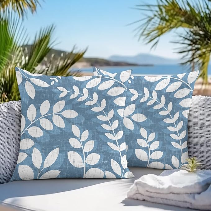 Lake Blue Leaves Outdoor Waterproof Throw Pillow Covers 26x26 Set of 2, Farmhouse Botanical Branch Vintage Boho Leaf Decorative Pillowcases Cushion Pillowcase for Couch Sofa Patio Pillow Protector