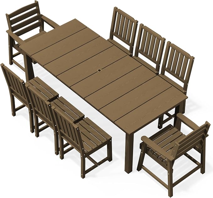AreShark 9-Piece Outdoor Dining Set,HDPE Patio Table with 8 Chairs,All-Weather Patio Furniture Set with Umbrella Hole,Low Maintenance Wood Grain Dining Set for Backyard,Garden,Poolside,Brown