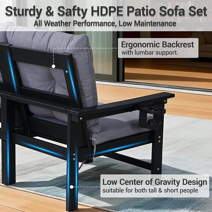 5-Piece HDPE Patio Conversation Set w/ 4 Cup Holders, All-Weather Outdoor Sectional Furniture, Thick Washable Cushions, Coffee Table & Side Table for Backyard Porch Poolside, Black