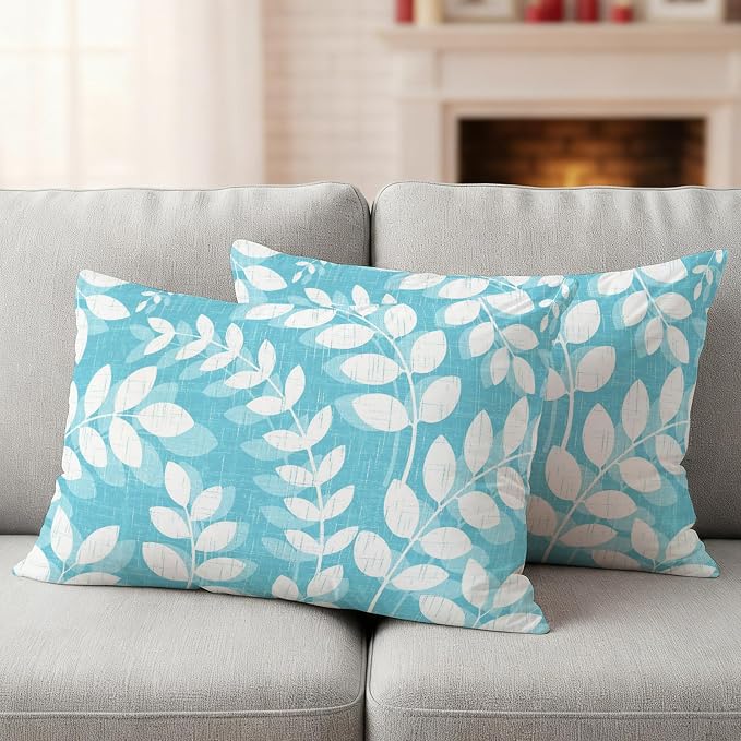 Light Blue Leaves Outdoor Waterproof Throw Pillow Covers 20x12 Set of 2, Farmhouse Botanical Branch Vintage Boho Leaf Decorative Pillowcases Cushion Pillowcase for Couch Sofa Patio Pillow Protector