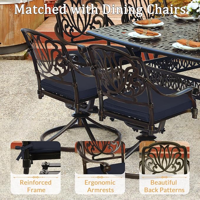 9 Piece Outdoor Patio Dining Set for 8, Cast Aluminium Large Square Dining Table & 2 Swivel Rocker Chairs, 6 Stationary, 8 Cushions, Umbrella Hole, Patio Furniture Set for Garden, Navy Blue