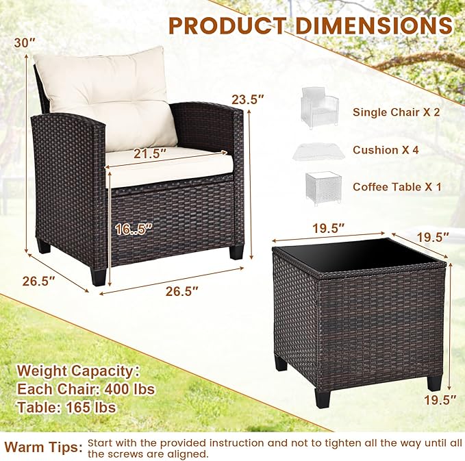 3-Pieces Patio Furniture Set, PE Wicker Chairs Sofa Set with Removable Cushions & Glass Top Side Table, Outdoor Wicker Rattan Conversation Chair for Porch,Backyard, Balcony (White)