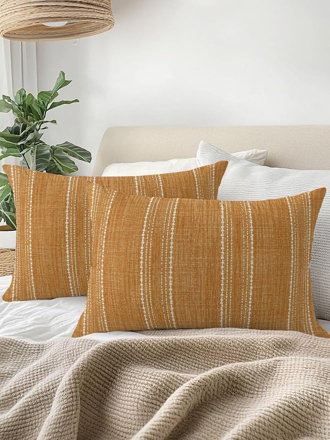 Waterproof Outdoor Pillow Set of 2 Orange Linen Stripes Decorative Throw Pillows Cover & Insert 20x12 Inch Lumbar Pillowcase Parallel Vertical Lines Pillows for Couch Sofa Bed Patio Furniture