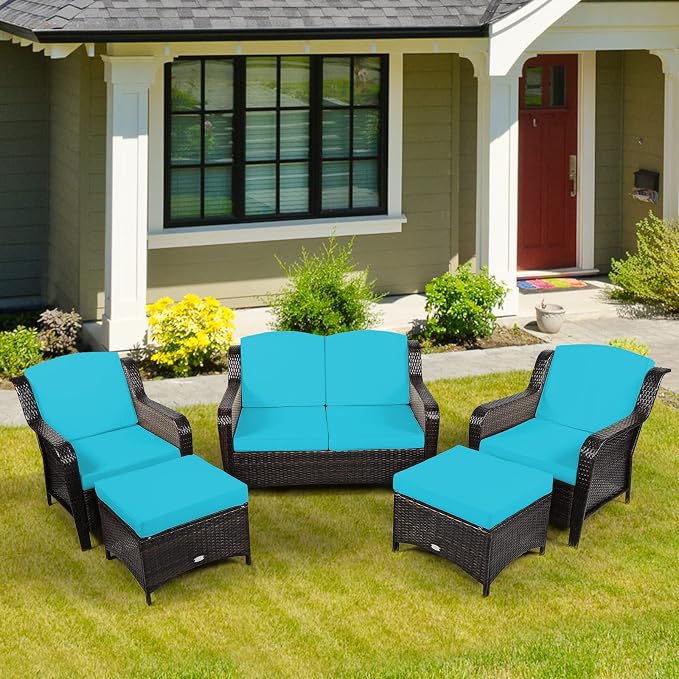 COSTWAY 5PCS Patio Wicker Rattan Furniture Set, Loveseat Sofa with Ottomans and Cushioned Chairs, Conversation Sets for Outdoor Garden Backyard