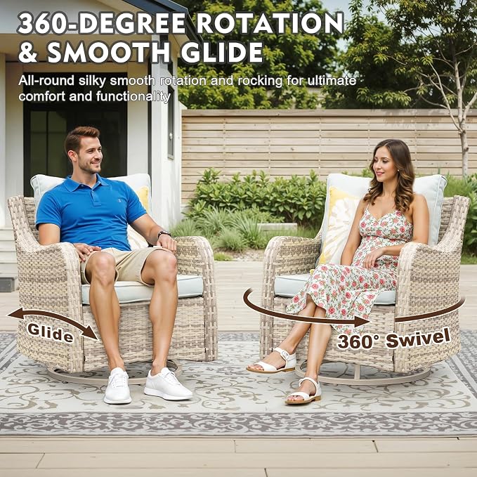 MEISSALIVVE Patio Furniture Set with Swivel Rocking Chairs, 10 Pieces Patio Conversation Set, Outdoor Wicker Sofa Couch with Waterproof Cushions for Lawn Backyard Porch (Blue)