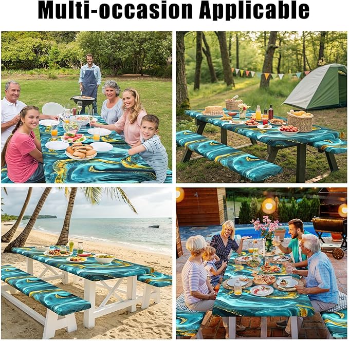 Smiry Picnic Table Cover with Bench Covers, Waterproof Elastic Fitted Tablecloth for 6 Foot Tables, Washable Polyester Tablecloths for Camping, Indoor & Outdoor (Teal & Gold, 30x72 Inch 3-pc Set)