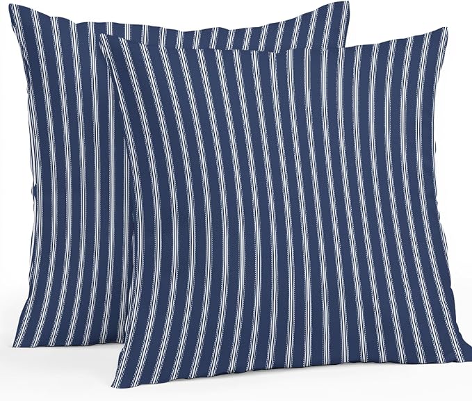 Navy Blue Striped Outdoor Pillow Covers 16x16 Inch Throw Pillow Covers Set of 2 Waterproof Decorative Pillow Cases Navy Blue White Farmhouse Stripes Cushion Covers for Patio Furniture Garden Couch