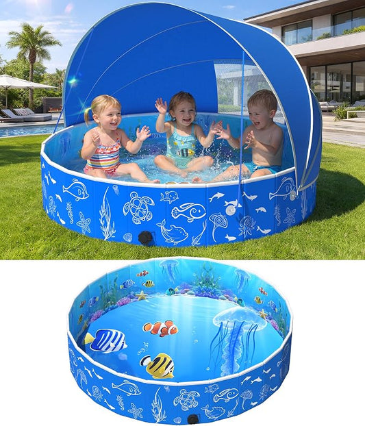 FizZeal Kiddie Pool with Canopy, 49in Foldable Toddler Pool,Pop Up Baby Pool with Shade,UPF 50+UV Portable Swimming Pool for Kids,Collapsible Baby Pool for Beach, Outdoor Toddler Pool for Backyard