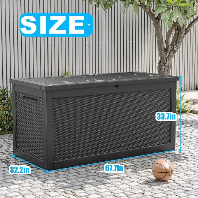 320 Gallon Outdoor Deck Box, Resin Waterproof Storage Box With Lockable Lid, UV-Resistant Multi-Purpose Outdoor Storage Bench for Patio Cushions, Garden Tools, Pool Accessories (Black)