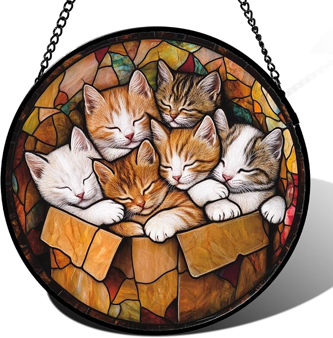 Stained Glass Window Hanging 6 Cute Kittens 6.3" - Cat Gift Suncatcher Door Sun Catcher Decor Birthday Christmas for Lost Pets Mom Men Woman Friend