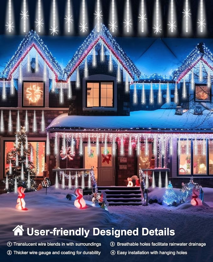 Christmas Rain Lights Outdoor 12" 10 Tubes, White | 240 LEDs Meteor Shower Light Falling Rain Drop Lights Icicle Cascading Xmas String Light for Tree Wedding Party Garden Decor