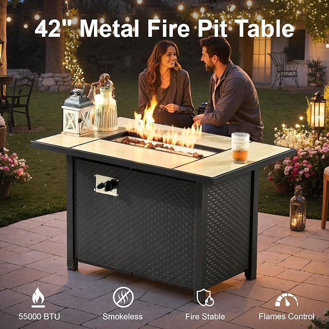Outdoor Patio Furniture Sets,9 PCS Patio Conversation Set Outside Rattan Sectional Sofa with 42 in Fire Pit Table Wicker Rocking Chair Coffee Table Fit Backyard Porch Garden Poolside Balcony