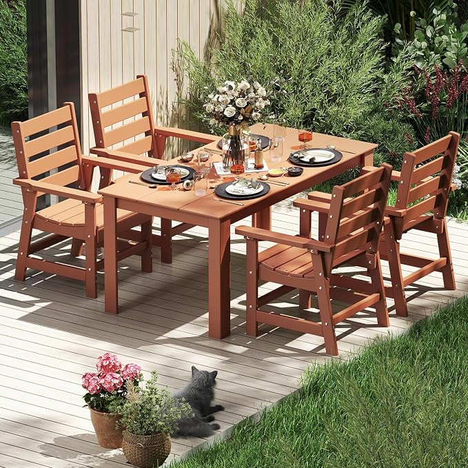 IVY&LANE Outdoor 7-Piece Dining Set for 6 | HDPE | 67’’ Rectangle Table and Chairs | Patio Furniture Sets | All Weather | Umbrella Hole | Teak | for Poolside Lawn Garden Backyard