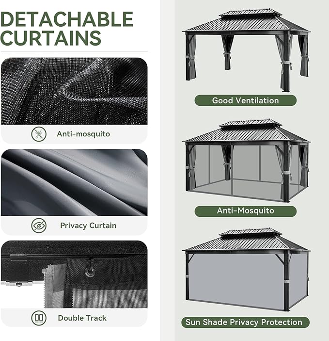 Aoxun 16' x 12' Hardtop Gazebo, Outdoor Pergola with Netting and Curtains, Galvanized Steel Double Roof Metal Gazebo for Garden,Deck,Patio