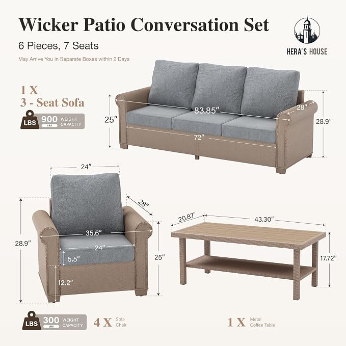 HERA'S HOUSE Patio Furniture Set, 4 x Cushioned Chairs, 3-Seat Sofa with Wood Grain Coffee Table, 5 Seats Luxury Windsor Style All Weahter Outdoor Sofa Conversation Set for Deck Lawn Backyard