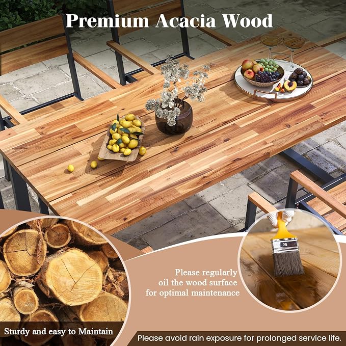 Tangkula 7 Pieces Patented Wood Outdoor Dining Set with Umbrella Hole, Heavy Duty Acacia Armrest Chairs and Rectangle Table Set for 6, Suitable for Deck Lawn Garden Poolside and Backyard