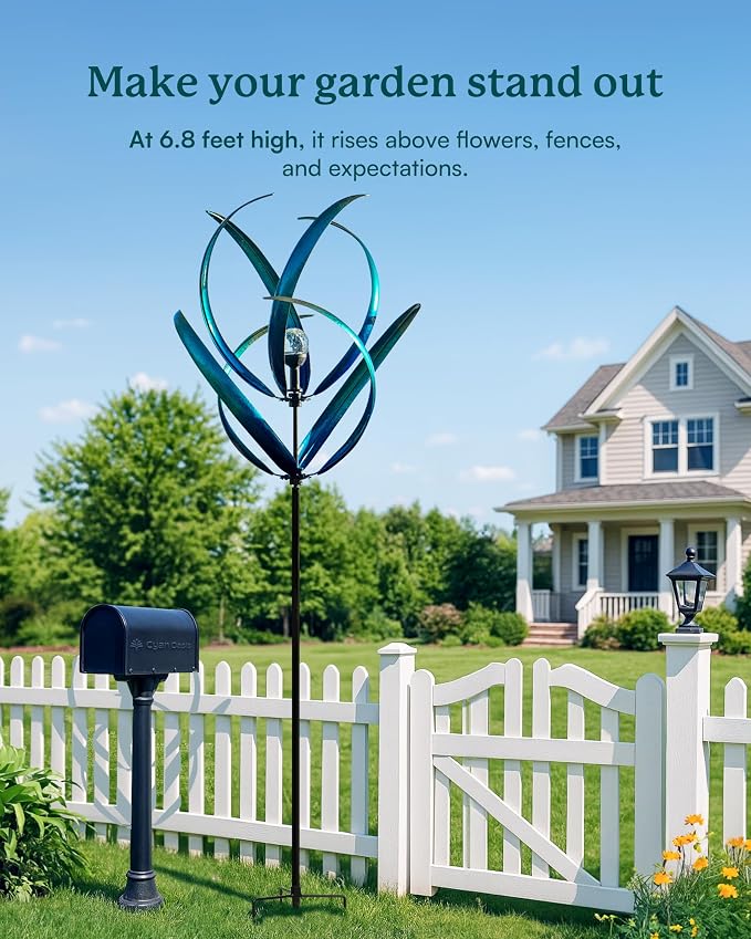 82 inch Wind Spinners Outdoor - Extra Large Outdoor Metal Wind Sculptures Spinners with Solar Light, Windmills for The Yard Garden, Yard Art Garden Lawn Decor - Peacock Blue
