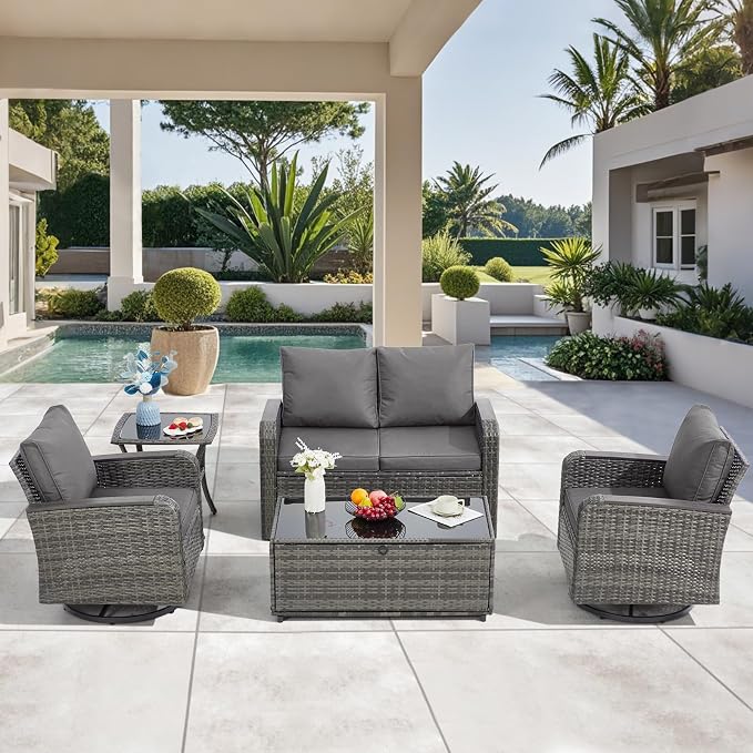 5 Pieces Outdoor Furniture Set with Swivel Chairs, Wicker Patio Furniture Sets for Porch Deck Bistro Lawn Garden Backyard Poolside-Grey Rattan/Grey