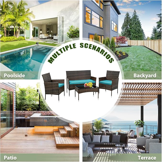 PayLessHere Outdoor Furniture Set 4 Pcs Modular Patio Furniture Set Water Resistant Conversation Set with 3 Rattan Chairs 1 Tempered Glass Topped Table for Patio Poolside, Brown Wicker/Blue Cushions
