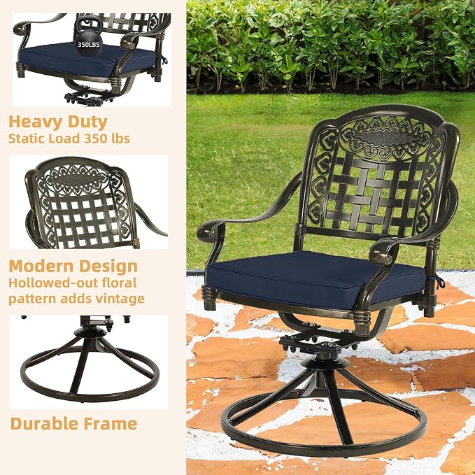 9-Piece Patio Furniture Dining Set, Cast Aluminum Outdoor Conversation Set- 61" Round Patio Dining Table with Detachable Lazy Susan & 8 Cushioned Swivel Rocker, Umbrella Hole, Navy Blue