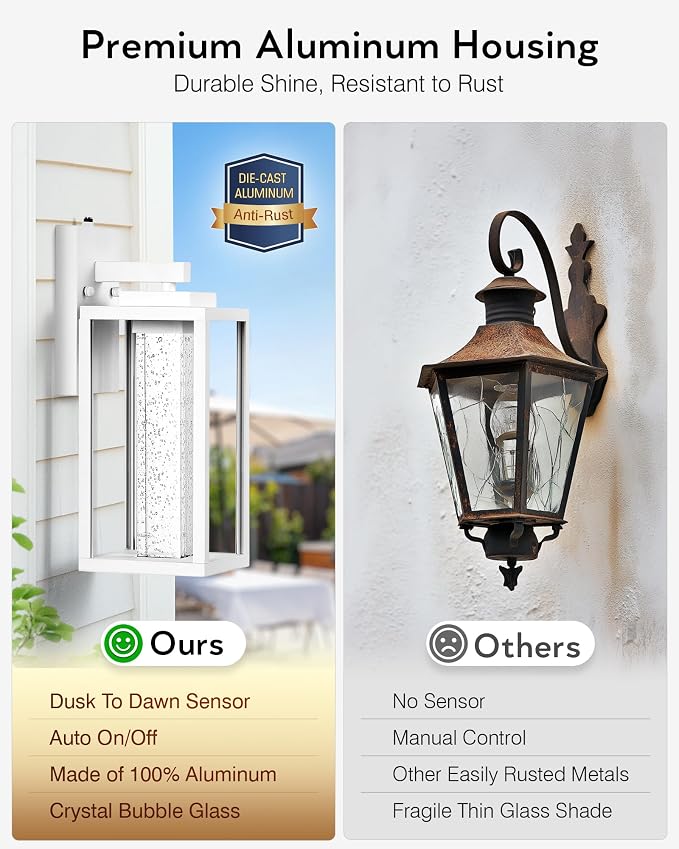 VIANIS White Exterior Lighting Fixtures for House, Large Dusk to Dawn Outdoor Wall Sconce Lantern for Porch, Outdoor Garage Lights Wall Mount with Integrated 10W LED Light Source Crystal Bubble Glass