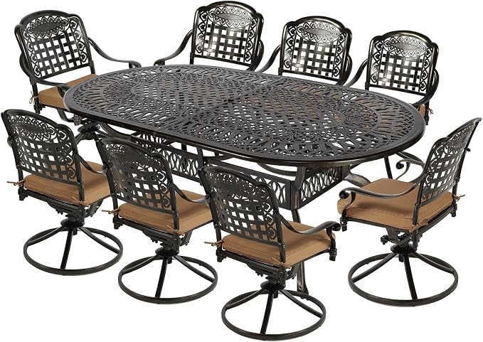 VIVIJASON 9-Piece Outdoor Patio Furniture Dining Set, All-Weather Cast Aluminum Conversation Set, Include 8 Swivel Dining Chairs and an Oval Table with Umbrella Hole for Lawn Garden Backyard