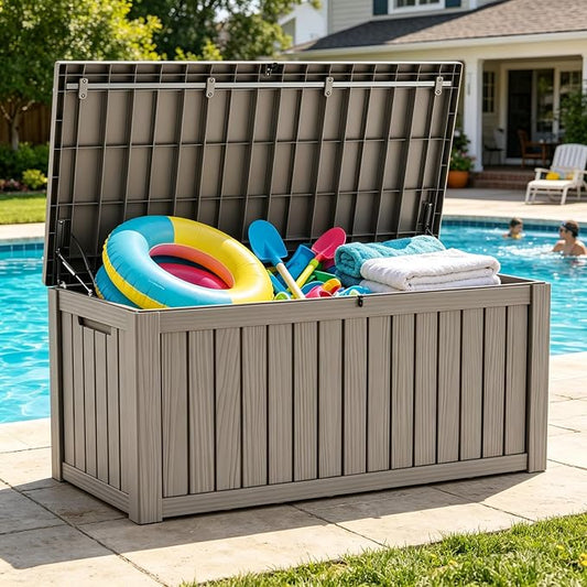 LAUSAINT HOME 150 Gallon Resin Deck Box with Hydraulic Pistons, Extra Large Waterproof Outdoor Storage Bench for Large Cushions, Lockable Patio Bin for Pool and Garden (Light Brown)