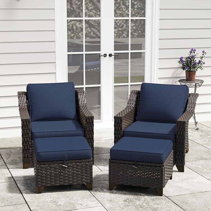 4 Pieces Patio Conversation Furniture Set - 2 Chairs with Ottomans Set of 2, Outdoor Wicker Armchairs with Water-Resistant and Washable Cushions for Porch, Balcony, Sunroom (Navy Blue)