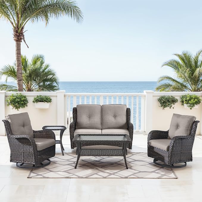 Patio Loveseat Glider Set, Resin Wicker Loveseat Glider with 2 Swivel Patio Chiars Coffee Table and Side Table, 5 Piece Patio Furniture Set Loveseat Set, Brown Wicker|Grey Cushions