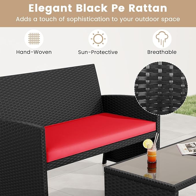 Tangkula 8 Pieces Patio Wicker Furniture Set, Outdoor Heavy Duty Rattan Cushioned Chairs, Loveseat and Tempered Glass Coffee Table, for Backyard, Balcony, Poolside
