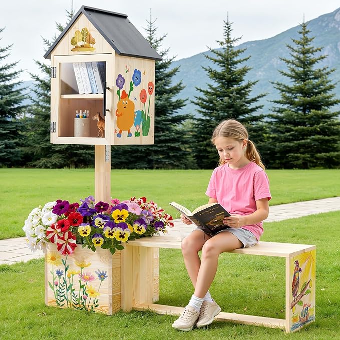 Little Library Box Outdoor with Bench & Planter, 3-in-1 Solid Pine Wood Community Book Exchange Box, Outdoor Neighborhood Library Station with Ground Stakes for School, Garden, Park & Patio