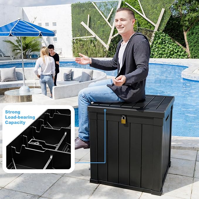 PatioZen 51 Gallon Resin Deck Box, Lockable Patio Outdoor Storage Box for Furniture, Garden Tools and Tools Storage, Waterproof Outside Storage Boxes - Black