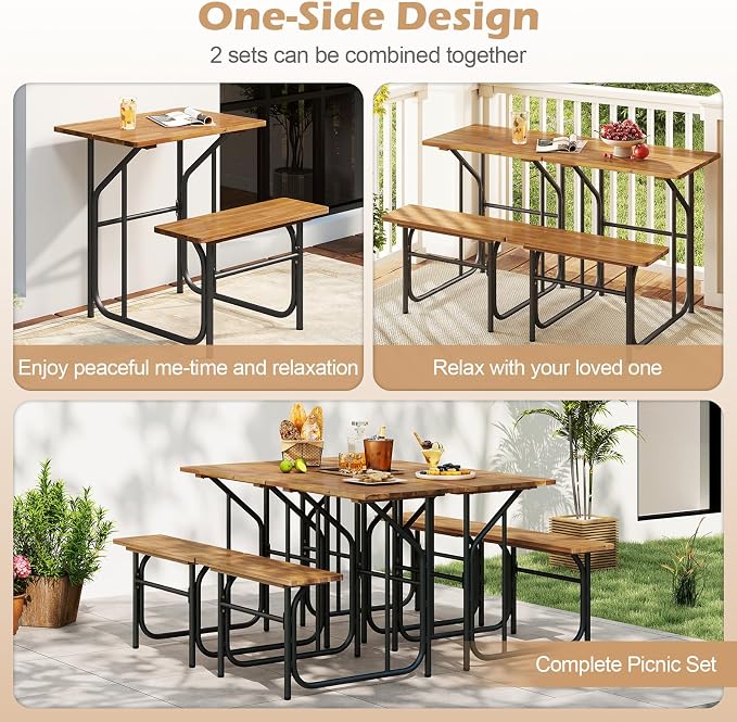 Tangkula Patio Dining Bench Set for 2, Heavy-Duty Outdoor Acacia Wood Dining Furniture with Metal Legs for Balcony, Backyard, Poolside, Garden (2,32” x 27.5” x 29.5”)