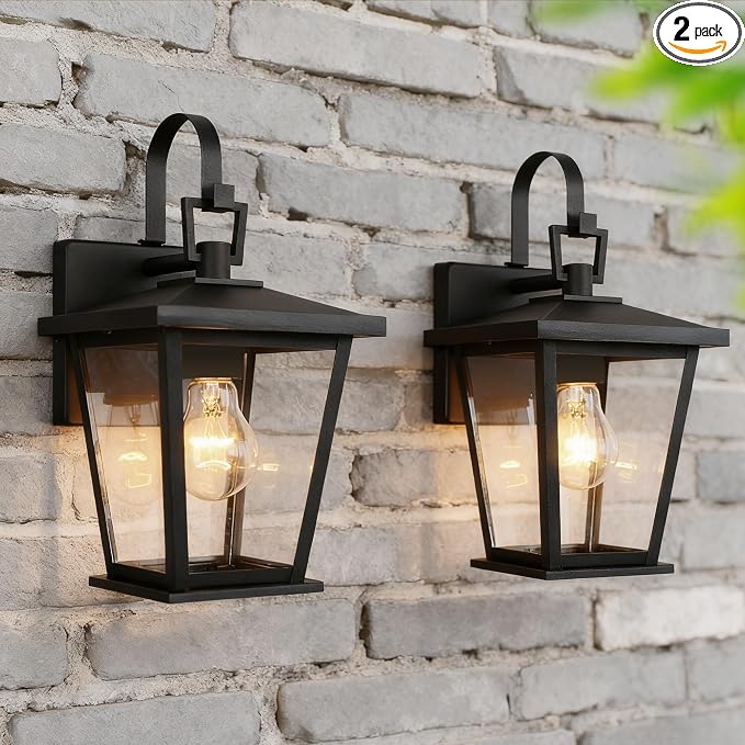 Outdoor Wall Lantern 2 Pack, Waterproof Exterior Wall Mount Light with Clear Glass in Black Finish, Porch Outside Lighting for Entryway, Backyard, Patio, E26 Base, Clear Glass 12.5 in