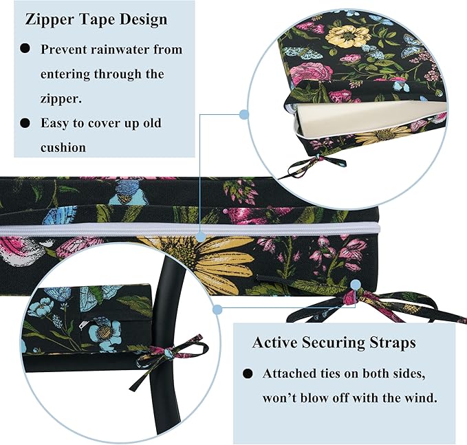 FUNHOME Outdoor Chair Cushion Covers 2 Pack, No Insert! Patio Cushion Covers Replacement 22" x 20" x 4", Water Resistant Patio Chair Cushion Slipcovers, Black Flower Butterfly(Covers ONLY)