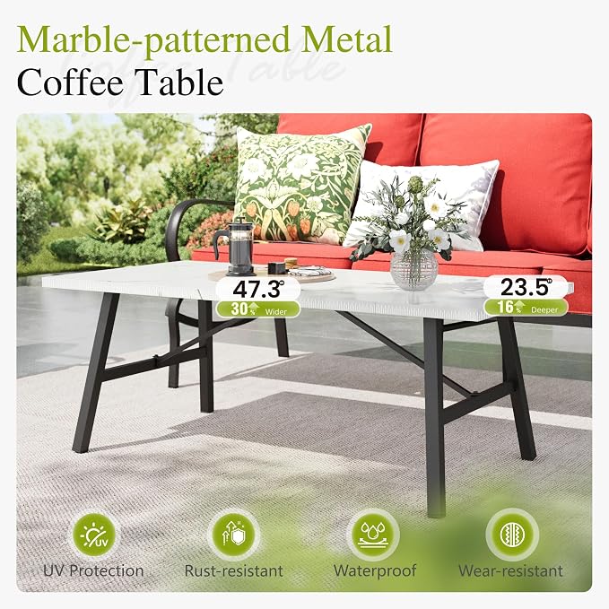 Sophia & William Patio Furniture Sets for 7 Outdoor Conversation Set 6 Pcs with 4 x Armrest Cushioned Sofa Chairs, 1 x 3-Seat Sofa, 1 Marbling Metal Coffee Table Garden Backyard Poolside Red