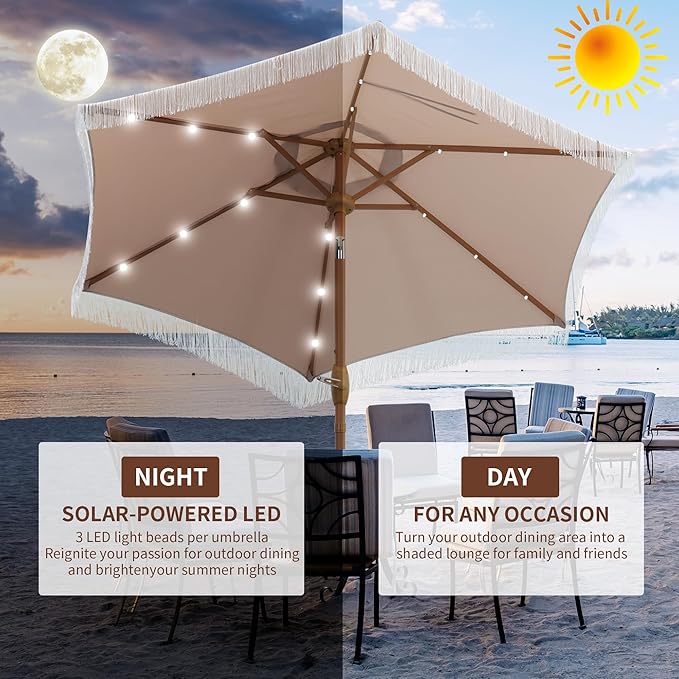 GDY 7.5 ft Fringe Patio Umbrella with 18 LED Solar Lights ，Stylish Fringe Decor for Graden, Pool, Beach, Deck, Khaki