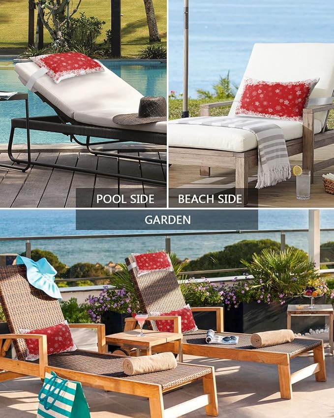Outdoor Pillows Covers with Inserts Christmas Dreamlike Winter Snowflake Red Waterproof Pillow with Adjustable Strap Throw Pillows for Patio Furniture Recliner Lounge Chair, 11x16 inch, 2PCS