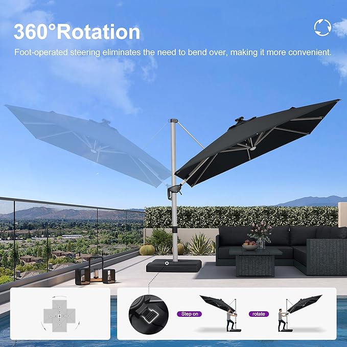 PURPLE LEAF Patio Umbrella with Base 9' X 12' Outdoor Rectangle Cantilever Umbrella Solar Powered LED with 360-degree Rotation for Garden Deck Pool Patio, Black