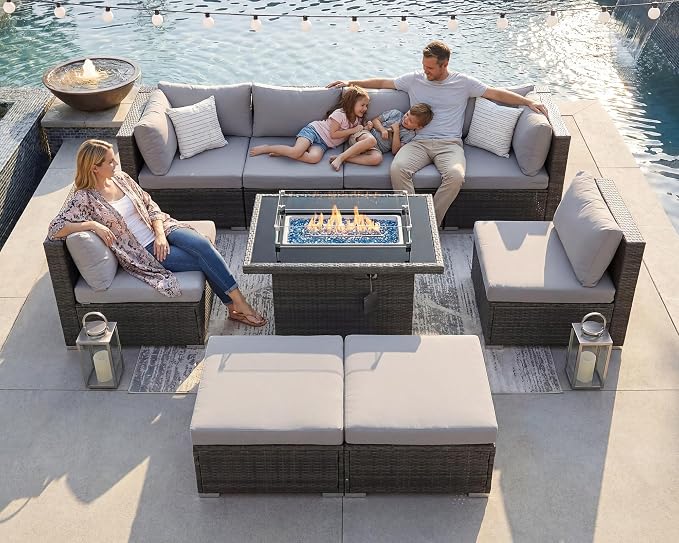 BULEXYARD 9 Pcs Highback Patio Furniture Set with Firepit, High-End Outdoor Sectional Couch with Ottoman 8-Seats, Cozy Comfy Wide Deep Deck Seating Group Conversation, Grey Rattan & Light Gray Cushion