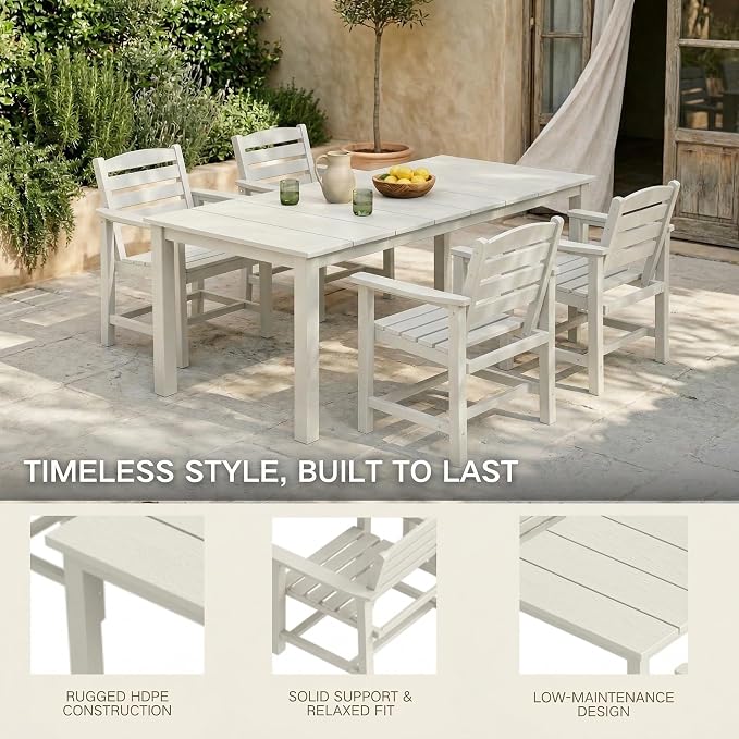 Kingdura 7 Piece Patio Dining Set for 6, 75.2'' HDPE Outdoor Dining Table Set with 2" Umbrella Hole, Weather-Resistant Outdoor Furniture, Table and Chairs Set for Backyard Pool Garden, White